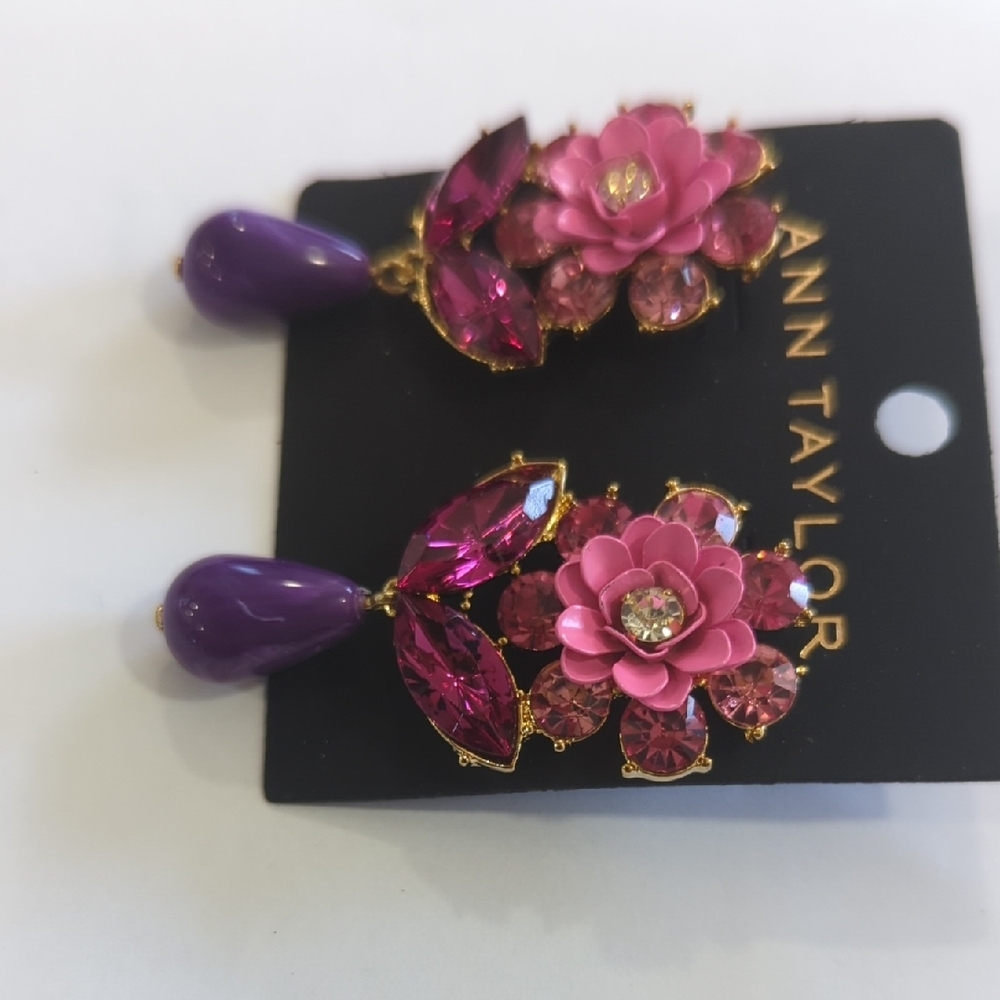 Ann Taylor Pink and Purple Flower Drop Earrings with Gold Accents - Picture 5 of 7